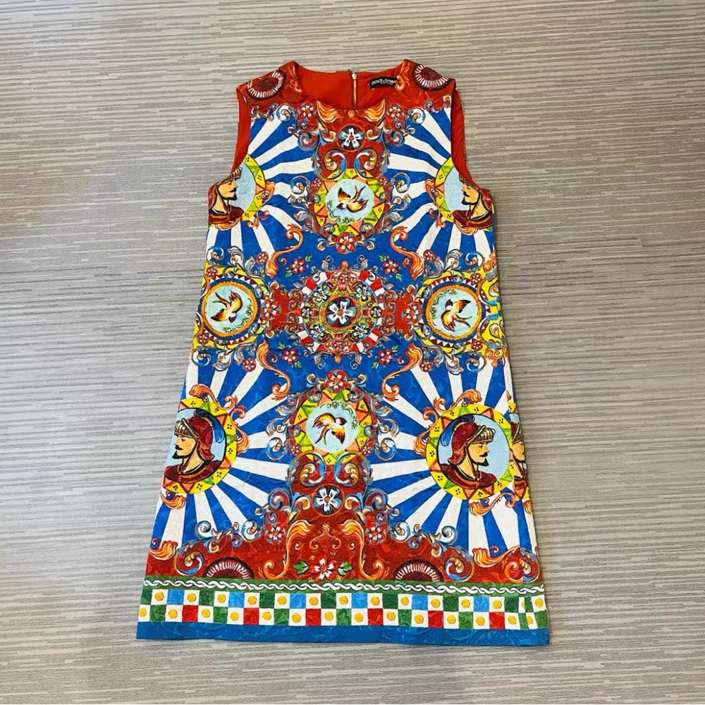 Dolce & Gabbana Red Blue Multi-Print Sleeveless Mini Dress